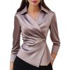 Women Autumn Solid Satin V‑Neck Blouse Elegant Long Sleeve Wrap Shirt Slim Waist Asymmetric Hem Office Ladies Top