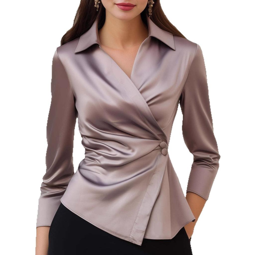 Women Autumn Solid Satin V‑Neck Blouse Elegant Long Sleeve Wrap Shirt Slim Waist Asymmetric Hem Office Ladies Top