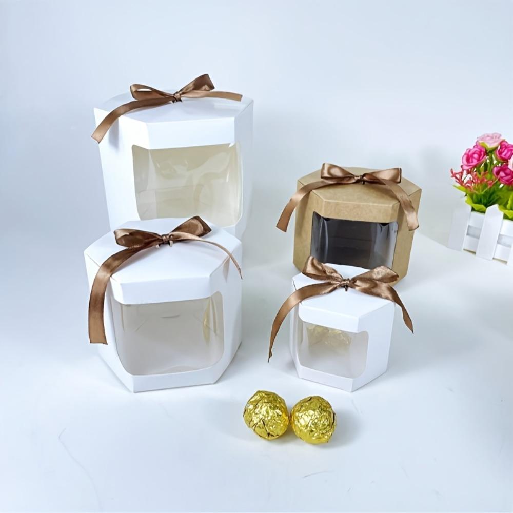 24pcs Hexagonal Party Gift Boxes with Ribbon 3 Size Kraft Paper Party Favor Boxes Folden Gift Wrap Box Display Box for Wedding Birthdays Packaging Box