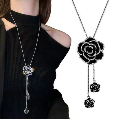 Klasik Siyah Çiçek Gül Gerdanlık Kolyeler Kadınlar İçin Moda Uzun Kolye Kadın Kazak Zinciri Takı Aksesuarları Hediye