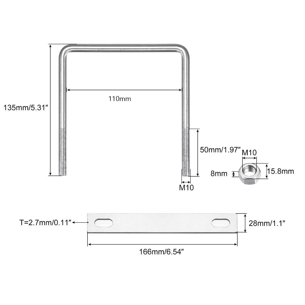 M10 firkantede U-bolter i rustfritt stål U-klemmebolt med muttere og plater U-klemmebolt