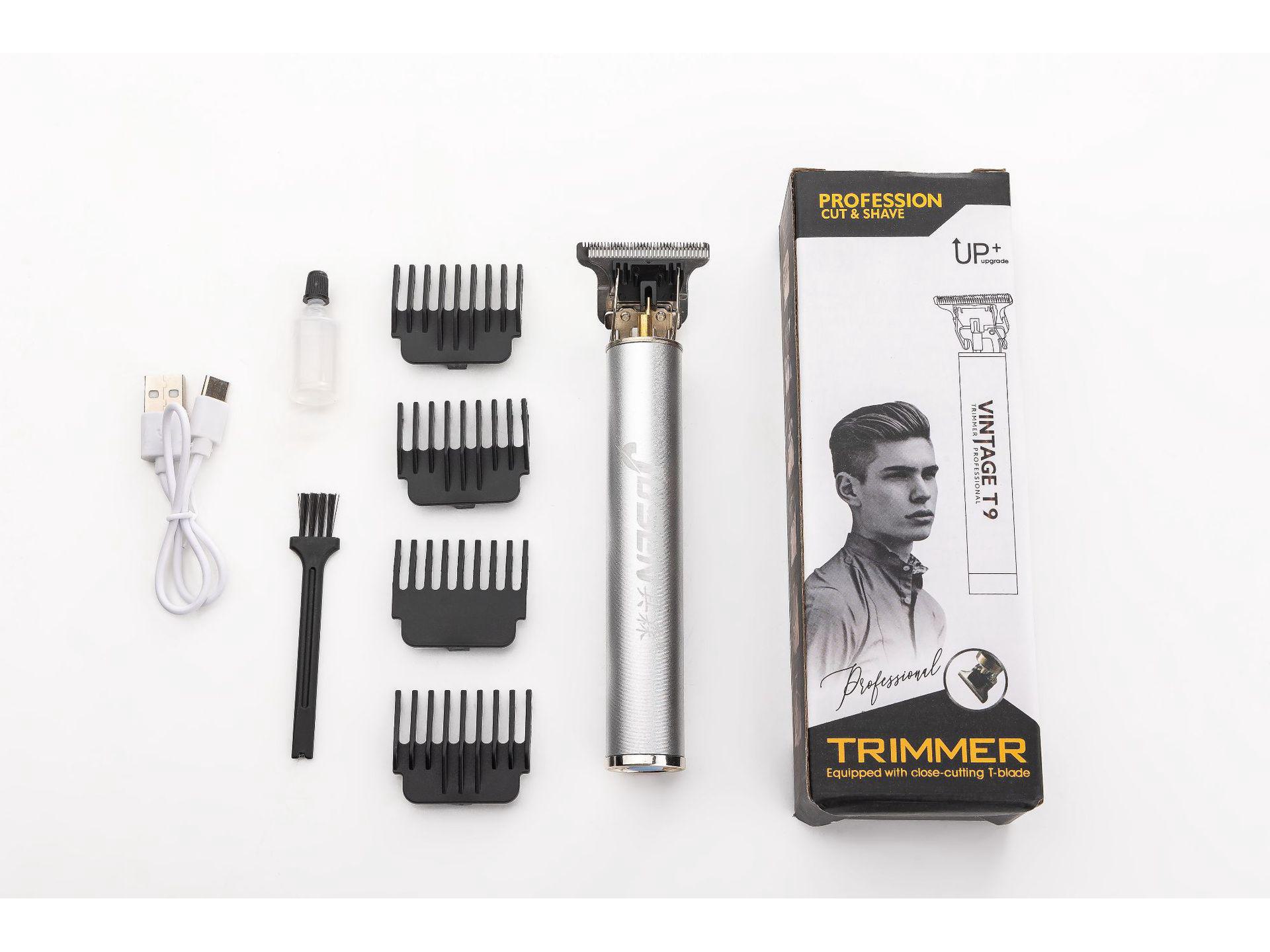 

Электрическая машинка для стрижки волос T9: Бритва для лысого масляного насадка и пластиковый инструмент для стрижки серебряный