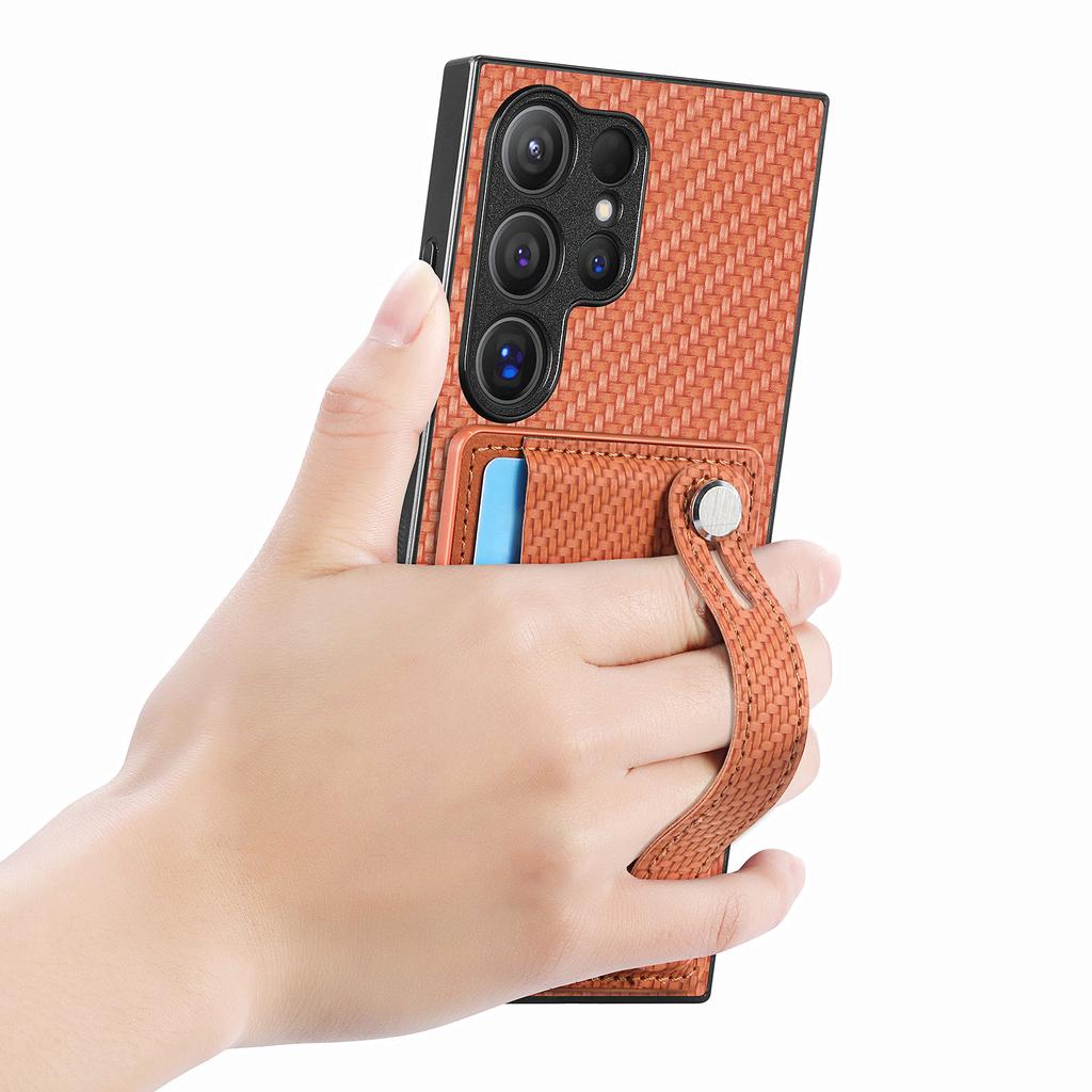 Do Samsung Galaxy S25 Ultra Etui z włókna węglowego Tekstura Skórzana Tylna Obudowa Telefonu z Uchwytem na Karty