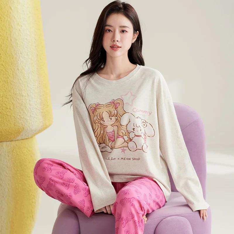 Niedliches Katzen-Pyjama-Set Damen Herbst Winter Langärmlig Lange Hose Nachtwäsche Weiche Pijamas Gemütliche Pyjamas Kawaii Nachthemd Mädchen
