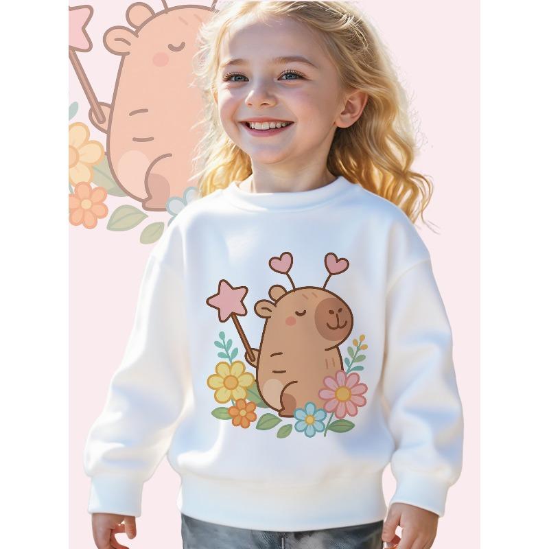 European sizes Toddler Kids' Sweatshirt Featuring a Whimsical Giraffe with Heart-Shaped Antlers Surrounded by Vibrant Flowers
