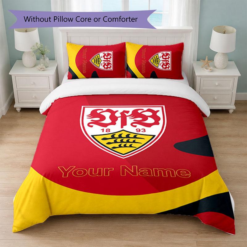 Set Biancheria da Letto Personalizzato VfB Stuttgart FC con Nome Testo 1 Copripiumino+2 Federe Logo Calcio Regalo Personalizzato per Occasioni Speciali Decorazione Camera da Letto
