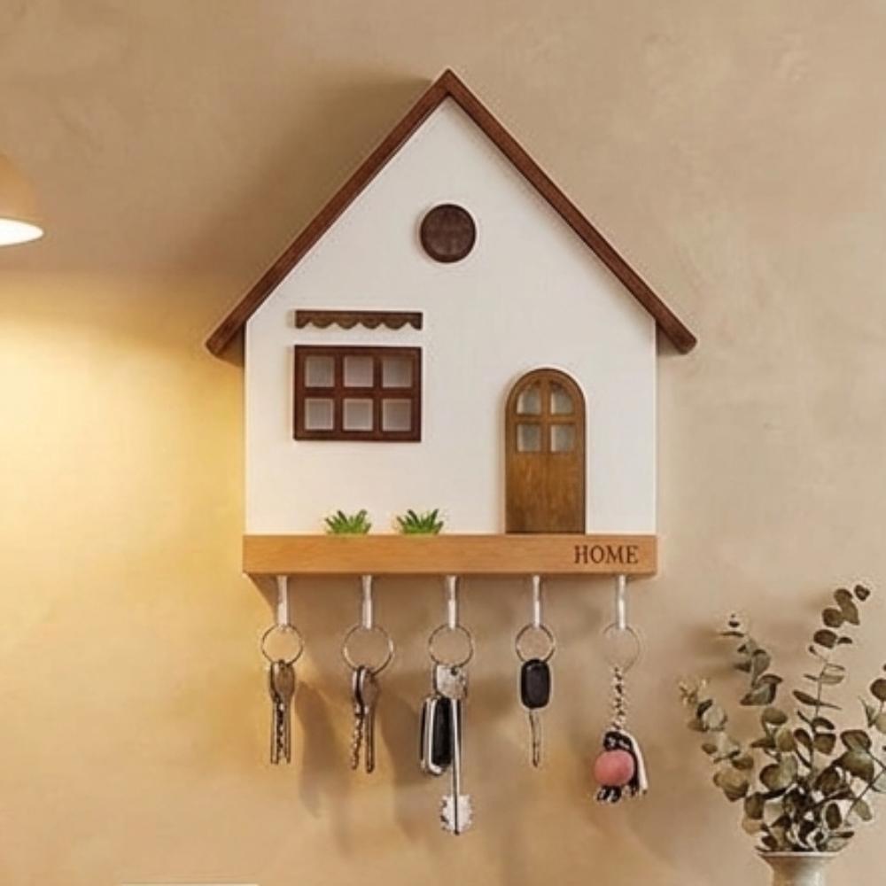 Holz-Wandhalter Schlüsselhalter 5 Haken Design Hausform Dekorativer Haken Rustikales Mehrzweck-Schlüsselbrett Schlafzimmer Dekoratives Regal