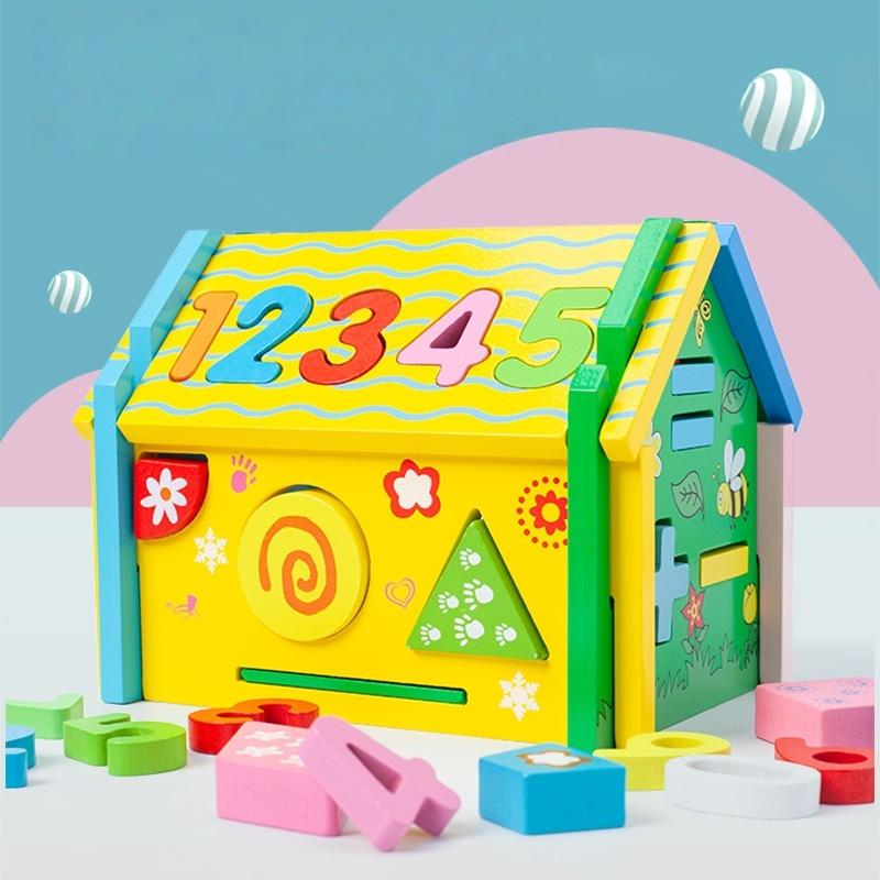 Wooden Matching House Toys Montessori Toys Multifunction Box Color Shape Sorting Building Blocks for Children Early Education