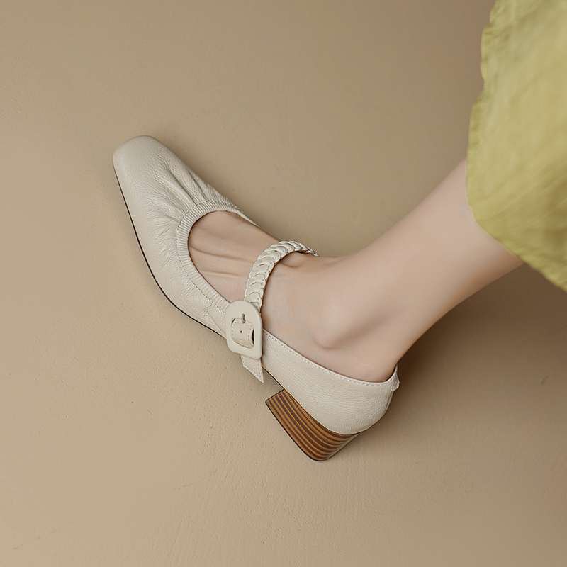 Krazing Pot Sheep Skin Summer Spring Autumn Med Heels Buckle Straps Women Square Toe Shallow Pumps