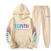Mens Sporty Hooded Sweatshirt Set Casual Printed Tracksuit Long Sleeve Top Pants Streetwear