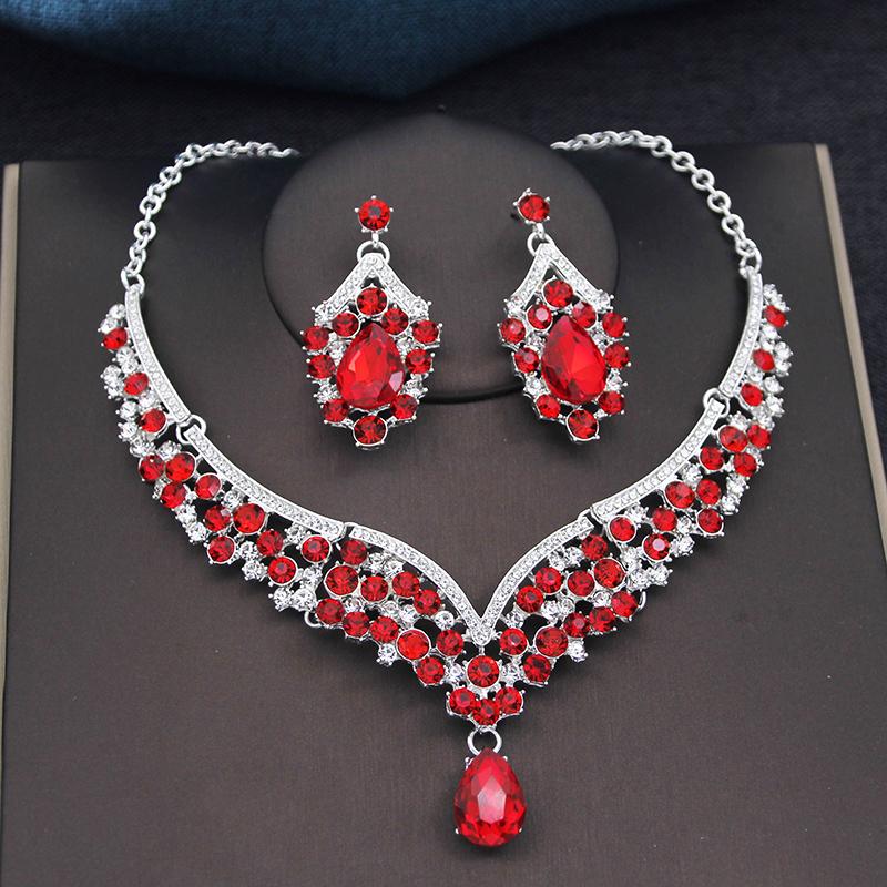 Wspaniałe Królewsko Niebieskie Kryształowe Zestawy Biżuterii Ślubnej Kolorowe Tiary Kolczyki Naszyjniki Zestaw dla Kobiet Suknia Ślubna Korona Zestaw Biżuterii