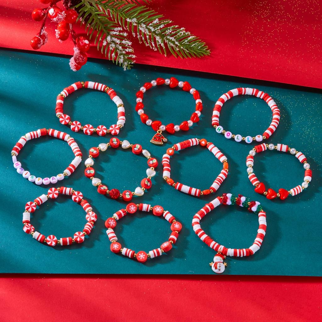 10Pcs/Set Christmas Snowman Heart Tree Gift Box Snowflake Santa Claus Soft Clay Beaded Multilayer Bracelet For Women Men Jewelry