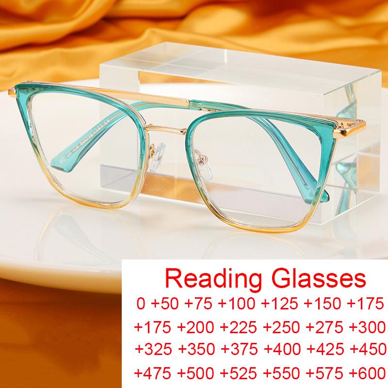 TR90 Anti Blue Light Cat-Eye Shaped Presbyopia Eyeglasses Luxury Optical PC Screen Eyeglasses Women Stylish Gradient Co+lor Big Frame +5