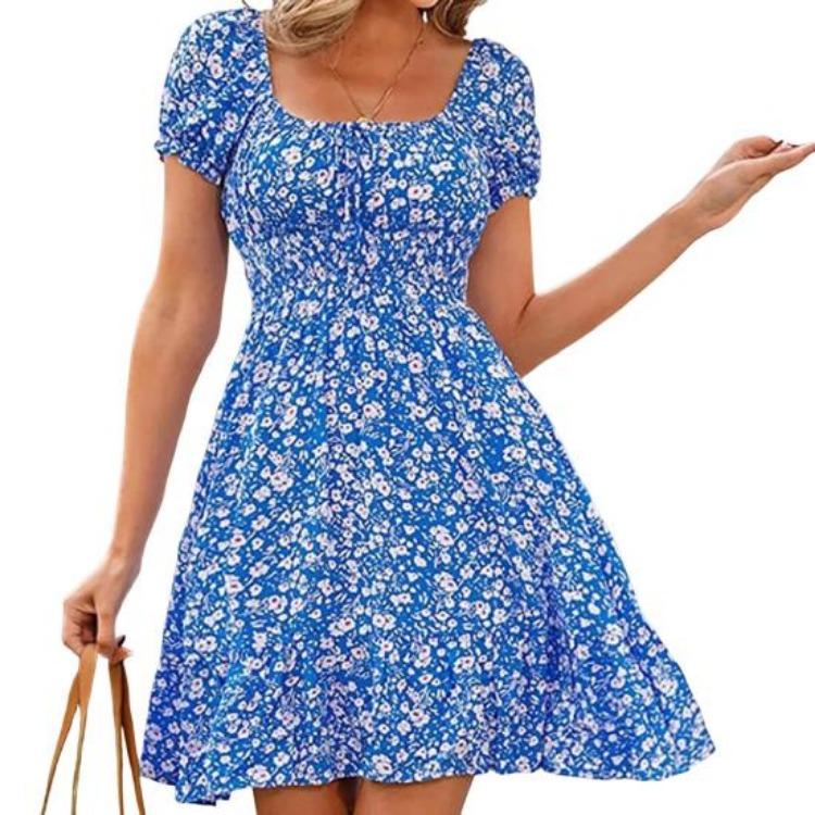 Square Neck Boho Floral Summer Dress Women Short Sleeve Smocked Swing A Line Flowy Ruffle Beach Sundress