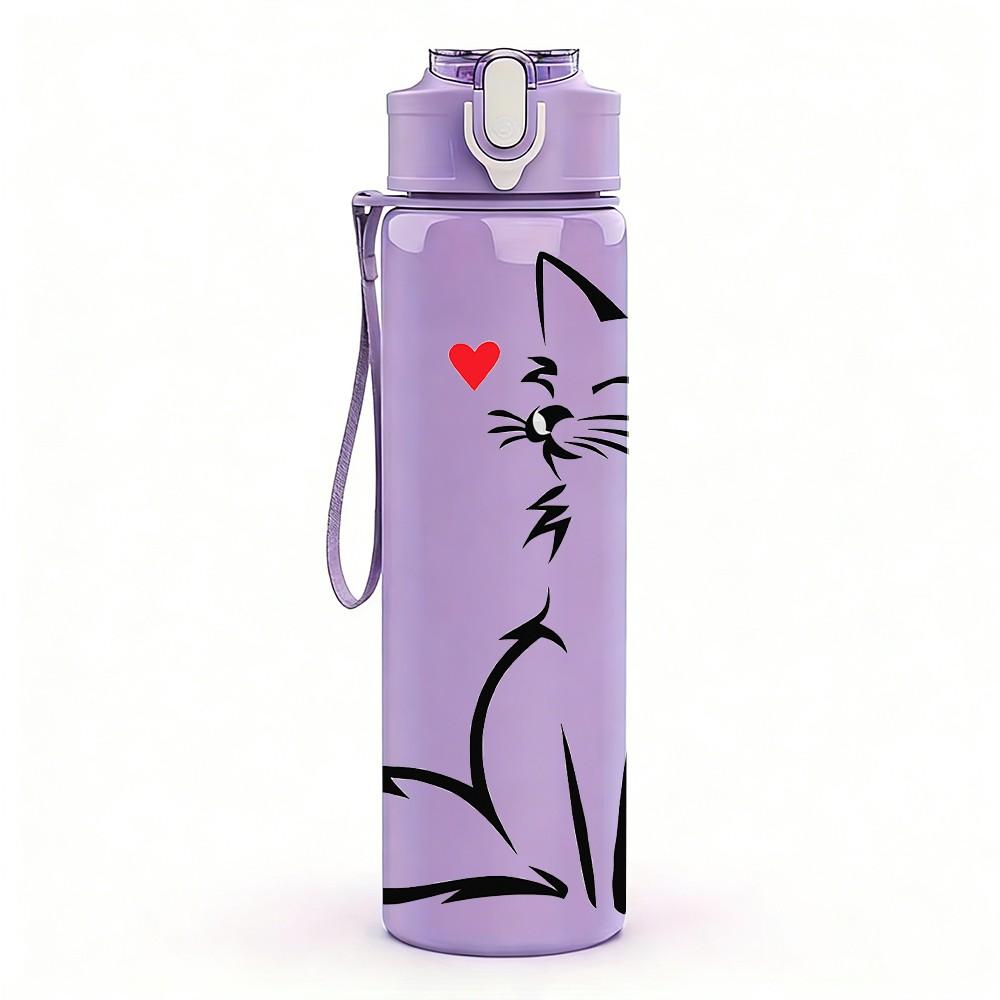 1PC White Cat Sitting Simple Sketch Print 750ml Color Plastic Sports Water Bottle Leakproof Flip Straw Lid Suitable for Sports Office Home Use