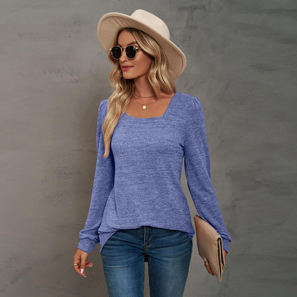 Autumn and Winter Popular T-shirt Solid Color U-neck Wrinkled Long-sleeved Casual Puff Sleeve Bottoming Shirt