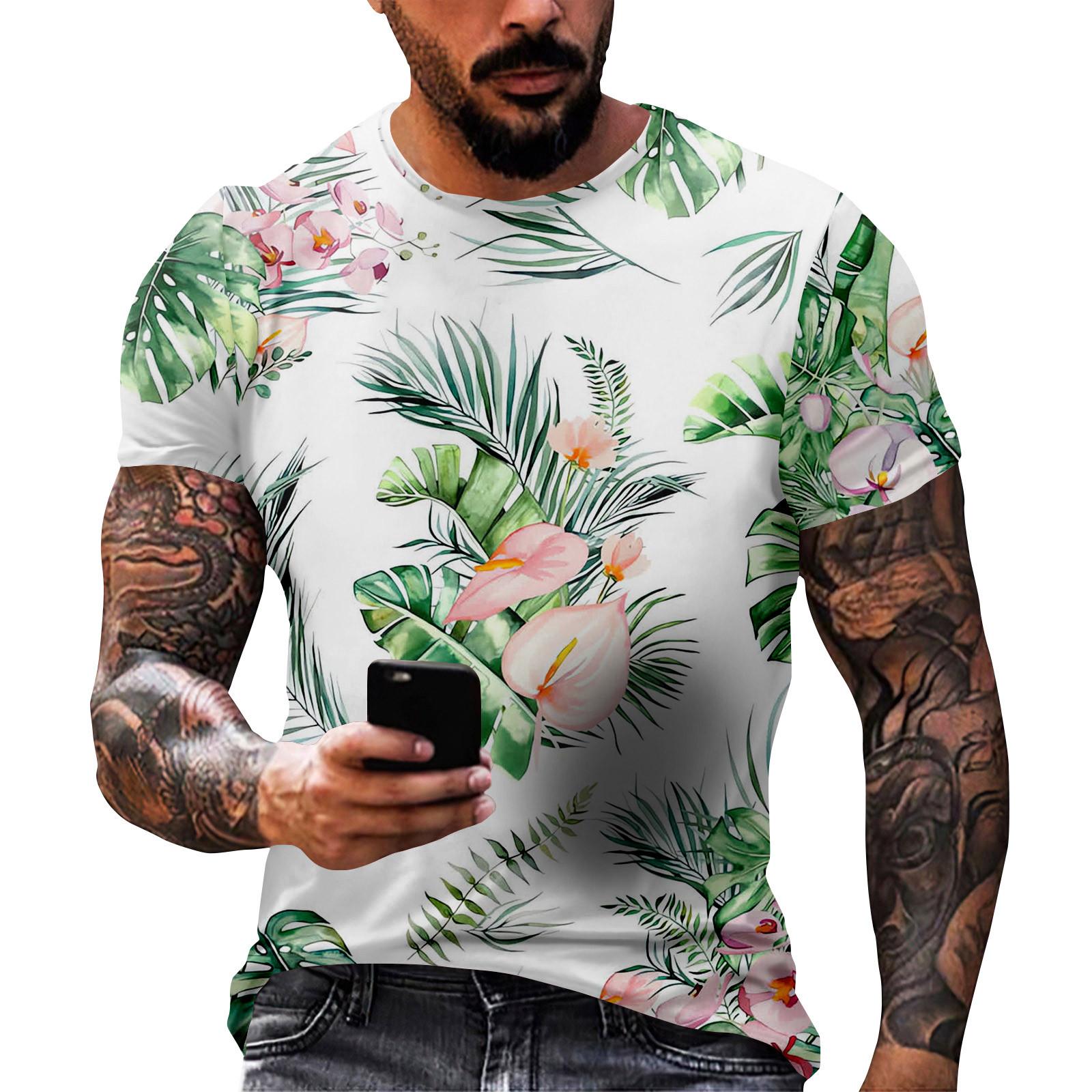 

Мужская повседневная футболка с круглым вырезом и коротким рукавом с гавайским принтом XXL белый