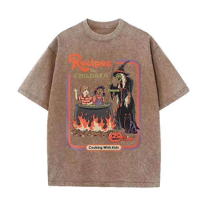 Washed Purple Retro Halloween Witch Cauldron Jack O Lantern Loose Tee