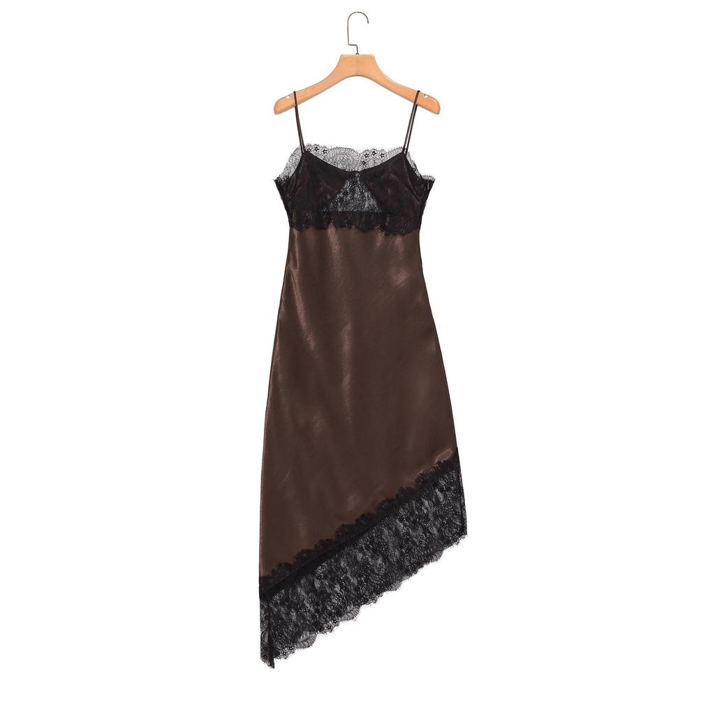 2026 Spring Women's European & American Satin Lace Asymmetrical Camisole Dress