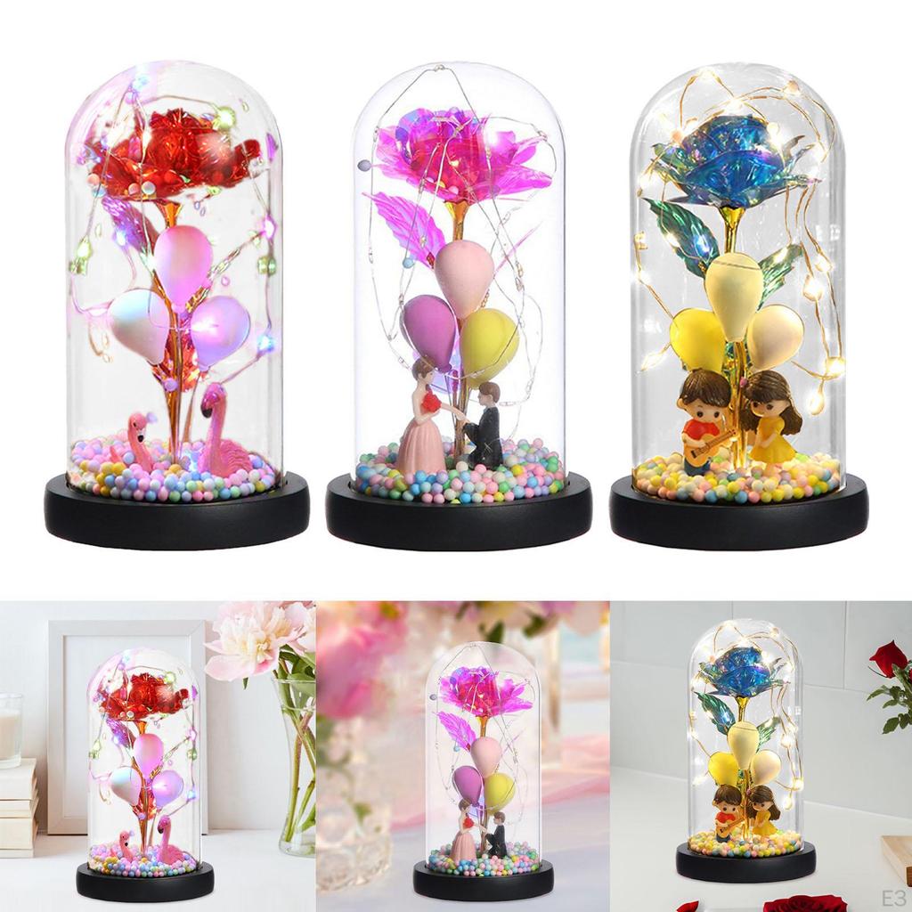 Rose Flower with Glass Cover in Dome Bedside Lamp Creative LED Night Light