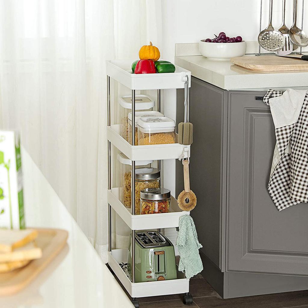 SONGMICS 4-Tier Storage Trolley, Rolling Cart with Wheels, Space-Saving Kitchen Trolley in Office Bathroom, 40 x 22 x 86 cm, White