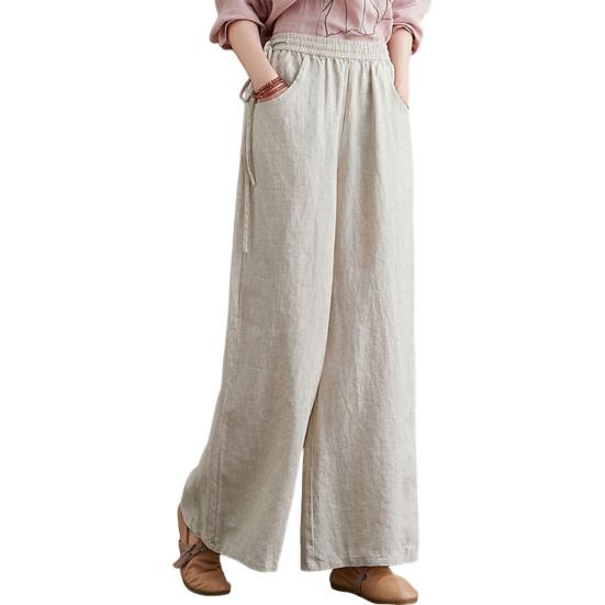 Women Pants Elastic Waistband Adjustable Drawstring Wide Leg Long Pants with Pockets Pure Color Leisure Trousers Summer Travel Work Wear