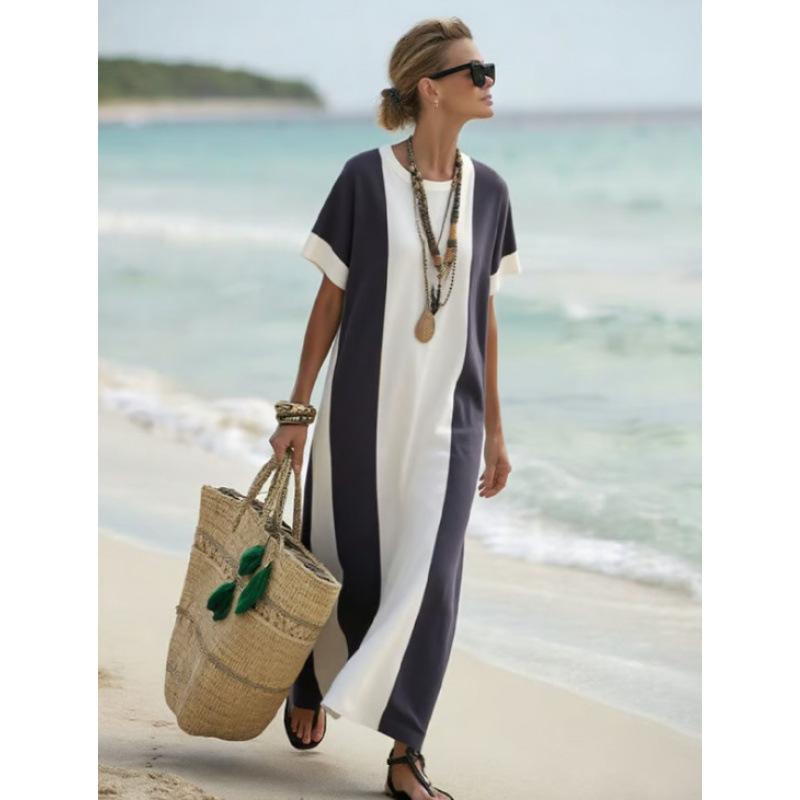 2026 European and American holiday women s holiday contrasting color printing crew neck loose dress S