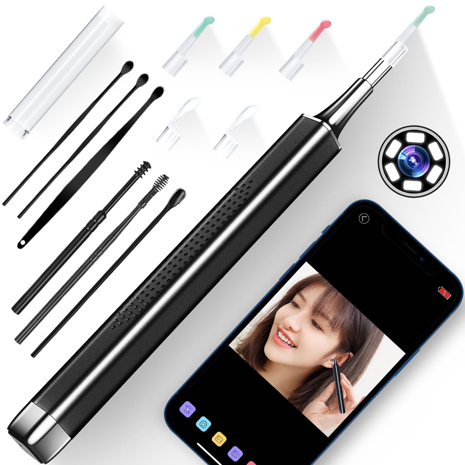 

Earpick Camera Wireless 5MP 1080P HD Lens Earpick Ear Cleaning Scope Earscope WiFi Connection Wireless Ear Cleaning IP67 Waterproof with LED Light чёрный