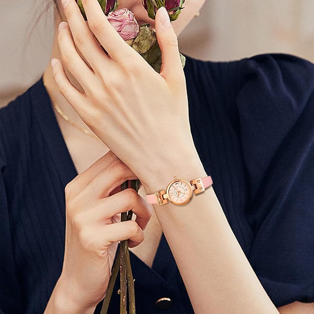 BUREI Women's Analog Quartz Watch Pink Leather Strap Waterproof Lightweight Simple Design