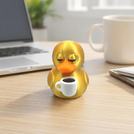 3D Printed Coffee Duck Collectible Figurine, Detailed Gold Duck Holding Coffee Cup Desk Decor for Colleagues And Friends