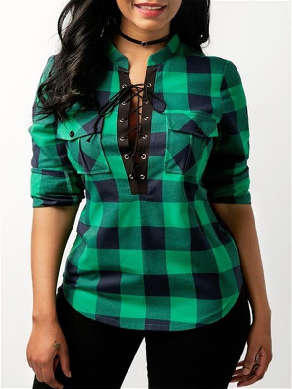 Lace Up Front Blouse Sexy V-neck 