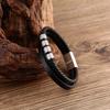 Mens Minimalist Multi-Layer Braided Leather Bracelet Stainless Steel Cuff Geometric Design Adjustable Size
