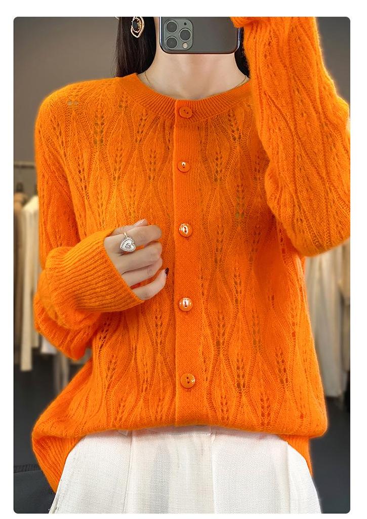 2023 Women's Retro Loose Round Neck Hollow Pure Wool Cardigan Sweater Knit - Early Autumn