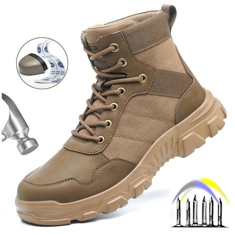 

Мужская защитная обувь со стальным подноском, водонепроницаемые, противоударные, устойчивые к проколам ботинки, удобная мягкая промышленная обувь для работы на открытом воздухе, обувь безопасности 45 коричневый