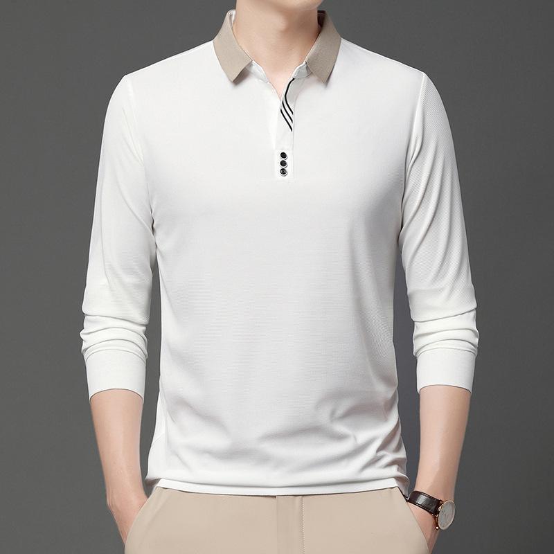 Polo de Manga Comprida Masculino de Primavera Gola Virada Cor Sólida Respirável Confortável Camisetas Casuais com Botões T-shirt Masculina