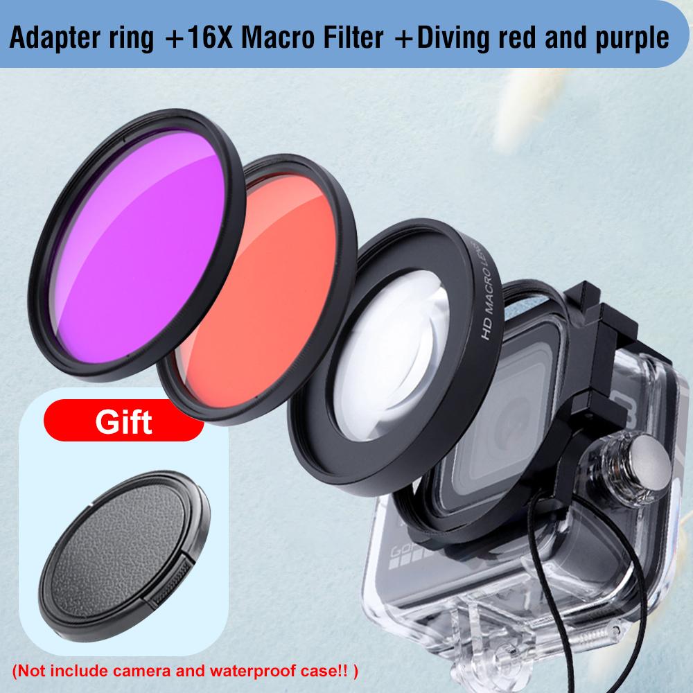 16X Macro HD Filter for GoPro 11 10 9 8 Black Waterproof Case Diving Red Purple Filter + Lens Cap + 58mm Adapter Ring