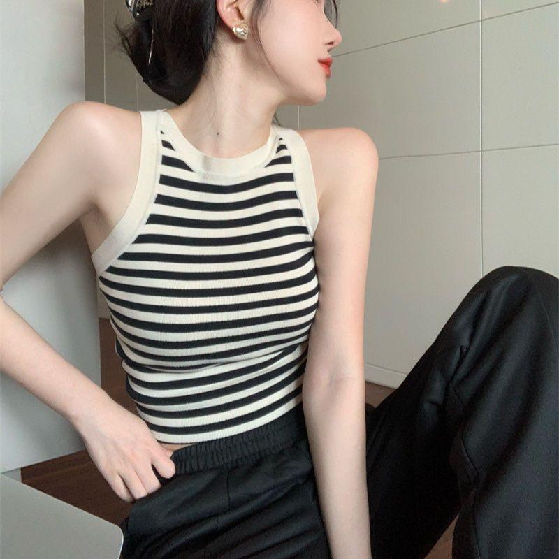 Striped Ice Silk Knitted Vest Women's Summer Slim Short Chic Sleeveless Camisole Outer Top