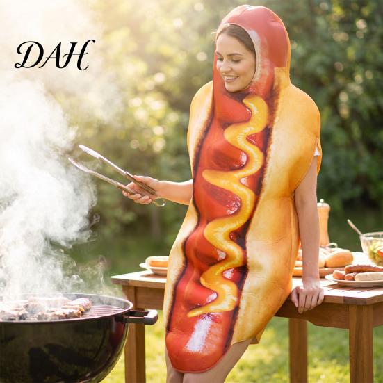 Hooded Food Costume Adults Fast Costume, Unisex Hot Dog Hamburger French Fries Women Cosplay Attire Dress Up Outfit for Halloween Holiday Party Stage