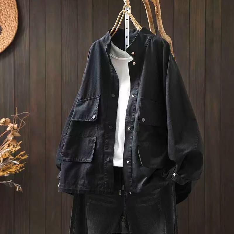 

Johnature Women Vintage Loose Button Jackets Solid Color Patchwork Pockets Autumn Casual Cotton Female Jackets One Size чорний