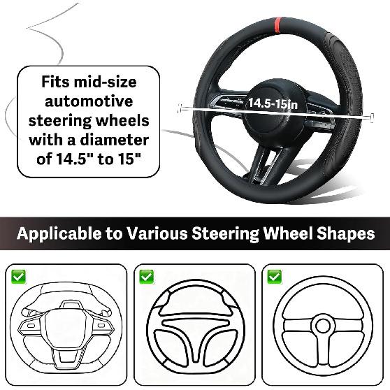 XCBYT Steering Wheel Cover - Black Leather Steering Wheel Wrap Great Grip With 3D Honeycomb Quick And Effortless Tallation Non-Slip Silicone Inner
