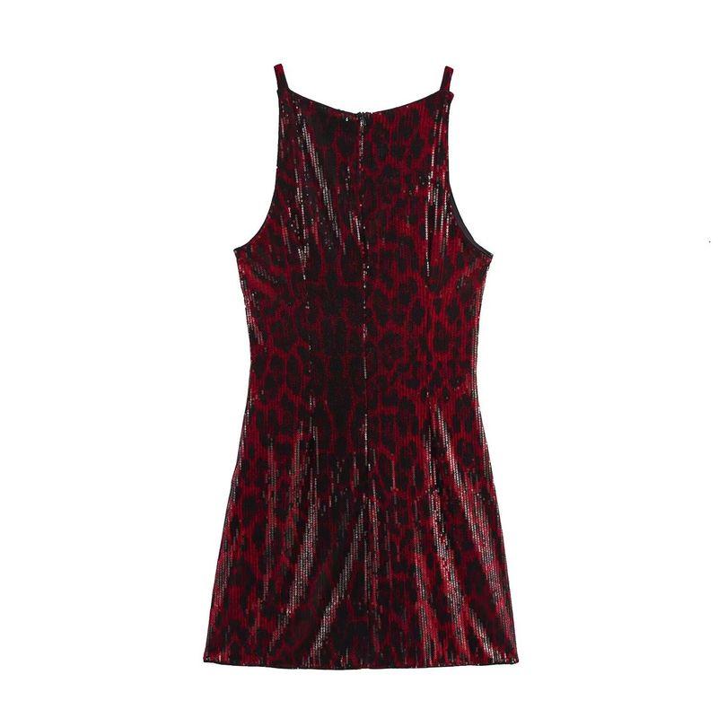 Jnleaog Autumn New Women's Clothing Fashion French Fashion Design Sexy Silm Leopard Print Sequin Slip Dress