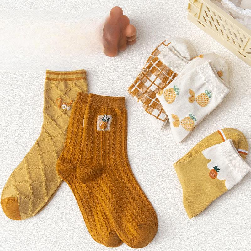 Yellow Mid-calf Women's Socks for Autumn and Winter, Breathable Twisted Cotton Women's Socks, Korean Cartoon Pineapple Socks