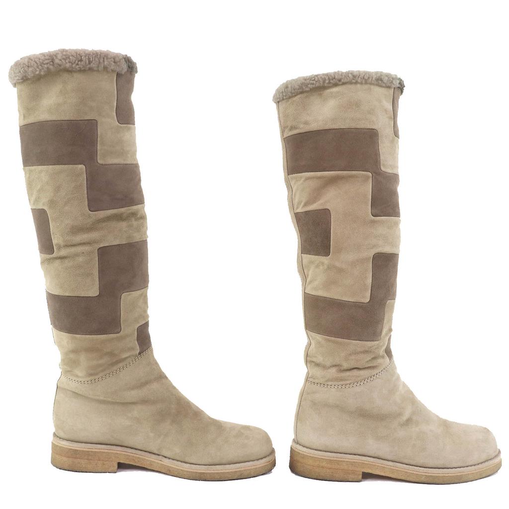 Great HERMES Knee-high boots Margiela period H motif suede leather mouton Beige Used