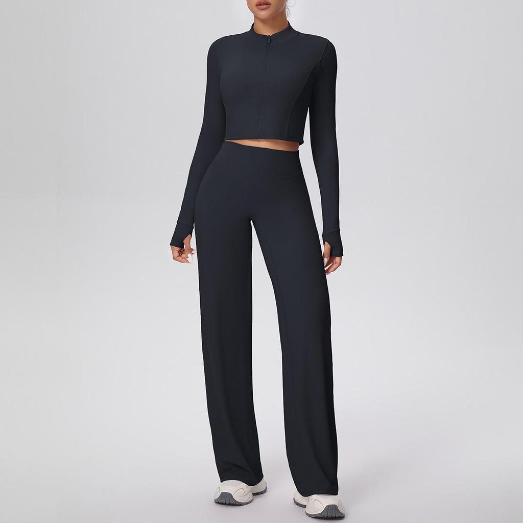 New Cross-border Solid Color Zip Jacket & Wide Leg Yoga Suit - Two-piece Fitness Set