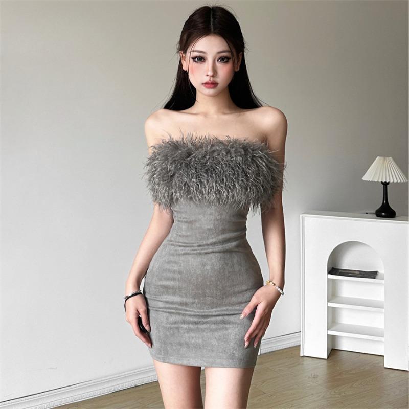 Sylcue Zimní Sestra Párty Zralé Sexy Upnuté Horké Krásné Elegantní Sladké Jemné Dámské Krátké Šedé Flokované Šaty