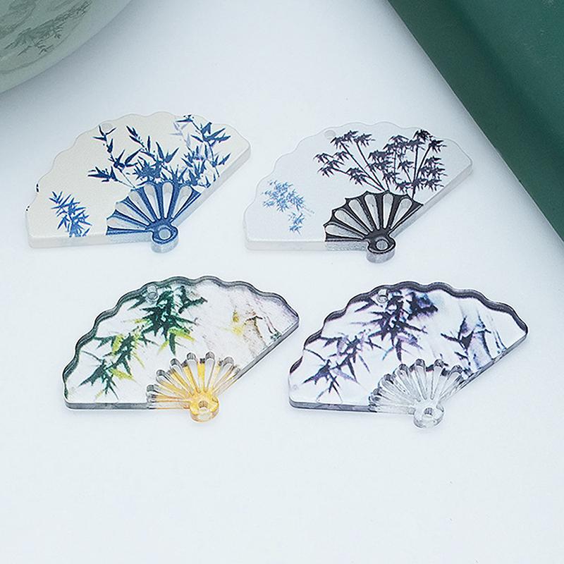 10Pcs Chinese Style Vintage Bamboo Printed Fan Charms For Earrings Keychain Diy Pendant Jewelry Making Material Accessories
