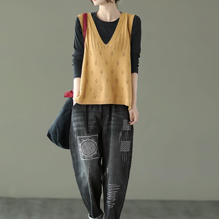 Einfarbige Strickweste Damen Herbst Aushöhlen Kapuzenweste Haken Blume Strickpullover V-Ausschnitt Lockere Freizeitweste Damen