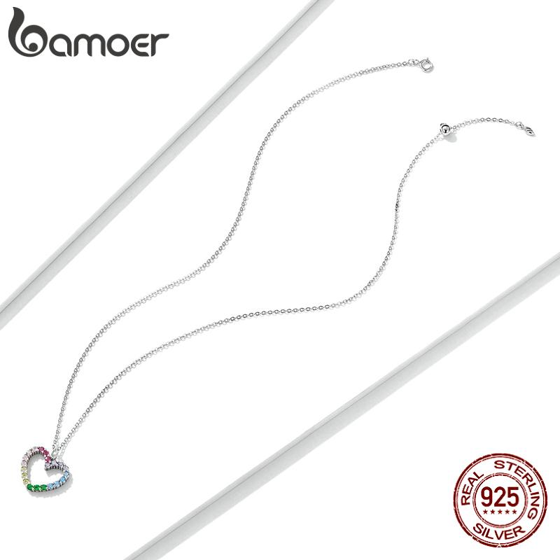 BAMOER 925 Sterling Silver Curcubeu Colorat Inimă Model Dragoste Orbitor Zircon Colier Lanț Veriga pentru Femei Bijuterii