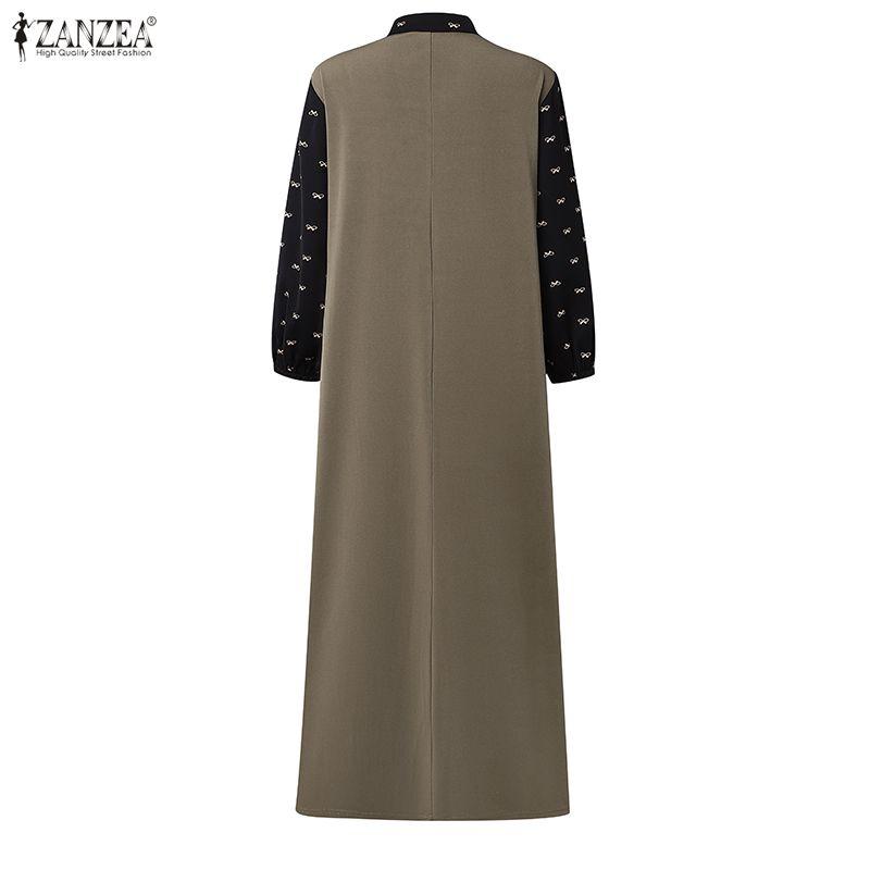 ZANZEA Abito Lungo da Donna Autunnale con Scollo a Revers, Manica Lunga, Patchwork, Finto Due Pezzi, Stampa Floreale, Casual, Svasato
