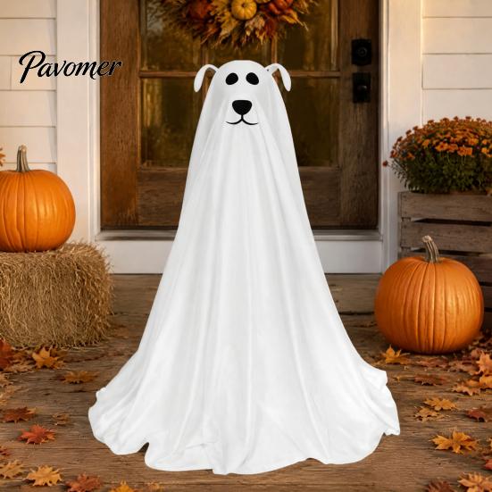 Chien fantôme lumineux pour patio, décoration d'Halloween éclairée, figurine autonome mignonne et effrayante à piles avec télécommande et guirlande lumineuse pour porte d'entrée,